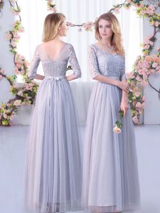Glittering V-neck Half Sleeves Bridesmaid Gown Floor Length Lace and Belt Grey Tulle