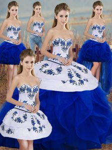 New Arrival Royal Blue Sleeveless Floor Length Embroidery and Ruffles and Bowknot Lace Up Sweet 16 Dress