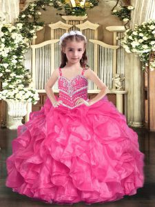 Straps Sleeveless Kids Pageant Dress Floor Length Beading and Ruffles Hot Pink Organza