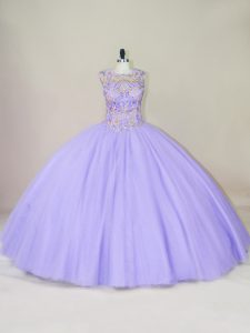 Lavender Ball Gowns Beading Quinceanera Gowns Lace Up Tulle Sleeveless Floor Length