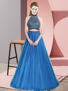 Sexy Blue Tulle Backless Halter Top Sleeveless Homecoming Dress Beading