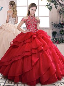 Red Lace Up High-neck Beading and Ruffled Layers Quinceanera Gowns Organza Sleeveless