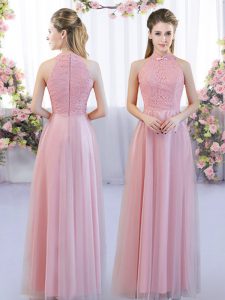 Pink Tulle Zipper Wedding Party Dress Sleeveless Floor Length Lace