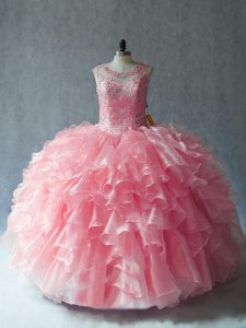 Custom Design Ball Gowns Sweet 16 Dresses Pink Scoop Organza Sleeveless Lace Up