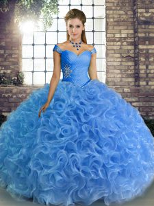 Baby Blue Ball Gowns Off The Shoulder Sleeveless Fabric With Rolling Flowers Floor Length Lace Up Beading Sweet 16 Quinc
