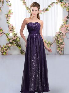 Artistic Dark Purple Sleeveless Floor Length Sequins Lace Up Bridesmaid Dress