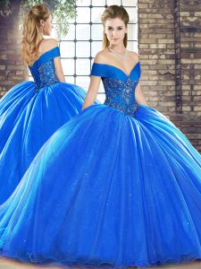 Dramatic Off The Shoulder Sleeveless Ball Gown Prom Dress Brush Train Beading Royal Blue Organza