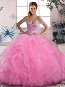 Edgy Floor Length Lace Up Quinceanera Gown Rose Pink for Sweet 16 and Quinceanera with Beading and Ruffles