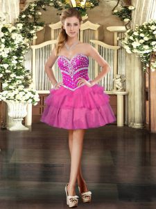 Graceful Hot Pink Ball Gowns Sweetheart Sleeveless Tulle Mini Length Lace Up Beading and Ruffled Layers Homecoming Dress