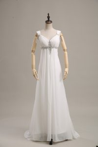 Noble Sleeveless Chiffon Brush Train Lace Up Evening Dress in White with Beading