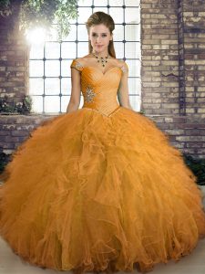 Modest Orange Off The Shoulder Neckline Beading and Ruffles Quince Ball Gowns Sleeveless Lace Up