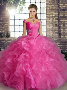 Rose Pink Sleeveless Organza Lace Up Quinceanera Gowns for Military Ball and Sweet 16 and Quinceanera