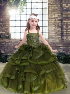 Olive Green Tulle Lace Up Glitz Pageant Dress Sleeveless Floor Length Beading and Ruffles