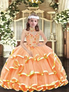 Eye-catching Floor Length Orange Little Girl Pageant Gowns Organza Sleeveless Appliques and Ruffled Layers