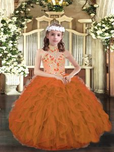 Orange Ball Gowns Appliques and Ruffles Kids Pageant Dress Lace Up Tulle Sleeveless Floor Length