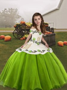 High End Green Organza Lace Up Little Girls Pageant Dress Wholesale Sleeveless Floor Length Embroidery