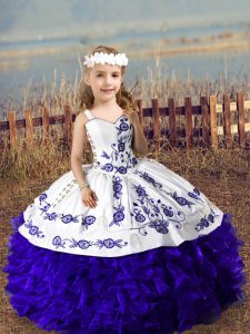 Purple Sleeveless Embroidery and Ruffles Floor Length Pageant Gowns For Girls