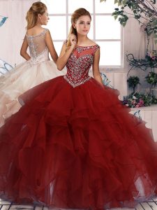 Romantic Burgundy Sweet 16 Dresses Military Ball and Sweet 16 and Quinceanera with Beading and Ruffles Scoop Sleeveless 