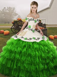 Organza Off The Shoulder Sleeveless Lace Up Embroidery and Ruffled Layers Vestidos de Quinceanera in Green