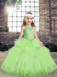 Luxurious Ball Gowns Scoop Sleeveless Tulle Floor Length Lace Up Lace and Appliques Little Girls Pageant Dress Wholesale