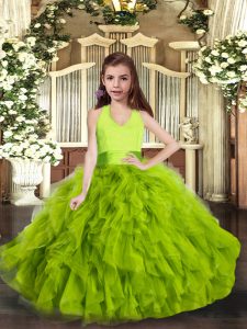 Green Tulle Lace Up Halter Top Sleeveless Floor Length Pageant Dress for Girls Ruffles