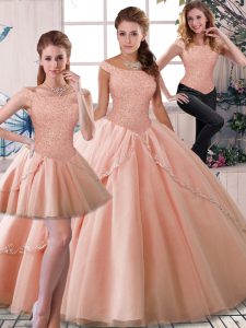 Stunning Peach Three Pieces Tulle Off The Shoulder Sleeveless Beading Lace Up Sweet 16 Quinceanera Dress Brush Train