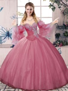 Sumptuous Pink Lace Up Sweetheart Beading and Ruching 15 Quinceanera Dress Tulle Sleeveless
