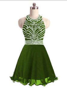Chiffon Halter Top Sleeveless Lace Up Beading Evening Dress in Olive Green