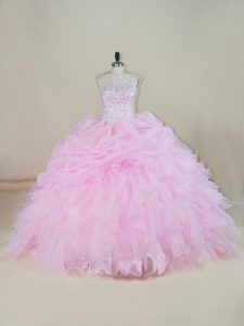 Hot Sale Organza Scoop Sleeveless Brush Train Backless Beading and Ruffles Quinceanera Gown in Pink