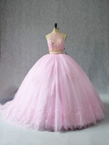 Baby Pink Halter Top Neckline Beading and Appliques 15 Quinceanera Dress Sleeveless Zipper
