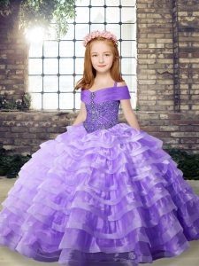 Lovely Lavender Little Girls Pageant Gowns Party and Wedding Party with Beading and Ruffled Layers Straps Sleeveless Bru