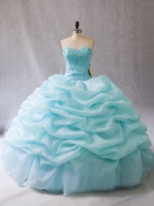 Sophisticated Aqua Blue Organza Lace Up 15 Quinceanera Dress Sleeveless Floor Length Beading and Pick Ups