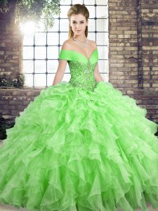 Sleeveless Organza Brush Train Lace Up Quince Ball Gowns in with Beading and Ruffles