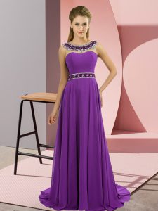 Superior Purple Scoop Zipper Beading Dress for Prom Brush Train Sleeveless