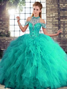 Inexpensive Turquoise Ball Gowns Halter Top Sleeveless Tulle Floor Length Lace Up Beading and Ruffles Quinceanera Dresse