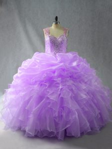 Lavender Sleeveless Floor Length Beading and Ruffles Zipper Sweet 16 Dresses