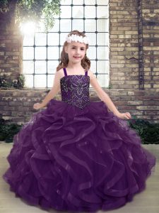 Purple Sleeveless Tulle Lace Up Little Girl Pageant Dress for Party and Sweet 16 and Wedding Party