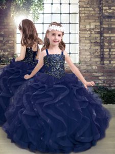 Ball Gowns Pageant Gowns For Girls Navy Blue Straps Tulle Sleeveless Floor Length Lace Up