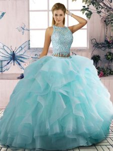 On Sale Aqua Blue Scoop Zipper Beading and Ruffles Quinceanera Gowns Sleeveless