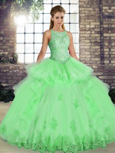 Pretty Scoop Sleeveless Tulle Quinceanera Gowns Lace and Embroidery and Ruffles Lace Up