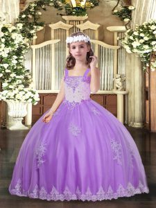 Straps Sleeveless Little Girl Pageant Gowns Floor Length Appliques Lavender Tulle