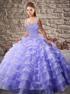 High End Sleeveless Court Train Lace Up Beading and Ruffled Layers Ball Gown Prom Dress