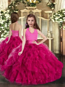 Halter Top Sleeveless Tulle Kids Pageant Dress Ruffles Lace Up