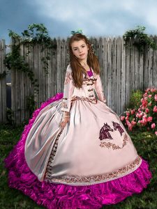 Satin and Organza Sleeveless Pageant Dresses Sweep Train and Embroidery and Ruffles