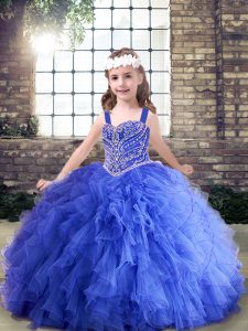 Floor Length Lace Up Kids Formal Wear Blue for Party and Wedding Party with Beading and Ruffles