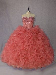 Orange Ball Gowns Sweetheart Sleeveless Organza Brush Train Lace Up Beading and Ruffles Vestidos de Quinceanera