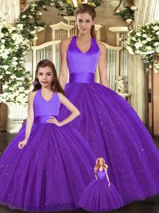 Vintage Purple Tulle Lace Up Quinceanera Dresses Sleeveless Floor Length Ruching