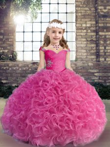 New Arrival Fuchsia Fabric With Rolling Flowers Lace Up Kids Formal Wear Sleeveless Floor Length Beading and Ruching
