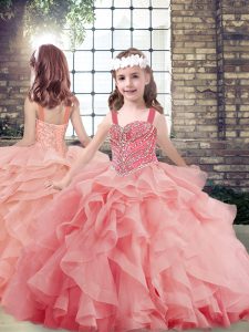 Unique Watermelon Red Ball Gowns Tulle Straps Sleeveless Beading and Ruffles Floor Length Lace Up Kids Pageant Dress