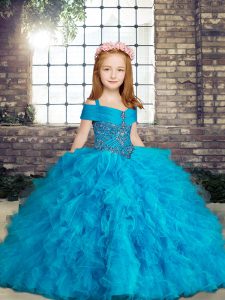 High End Baby Blue Tulle Lace Up Winning Pageant Gowns Sleeveless Floor Length Beading and Ruffles